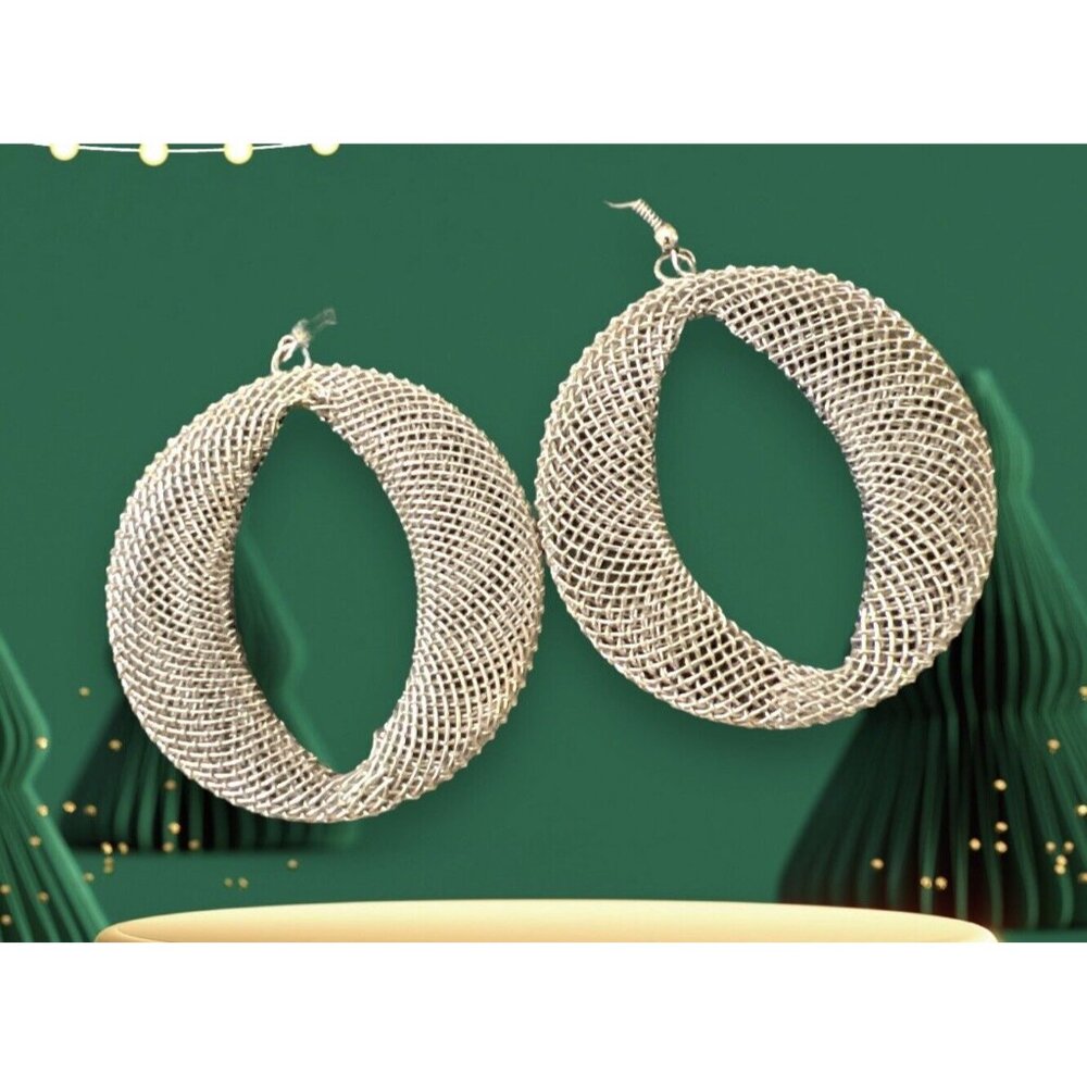 Silver Mesh Metal Round Drop Dangle Earrings